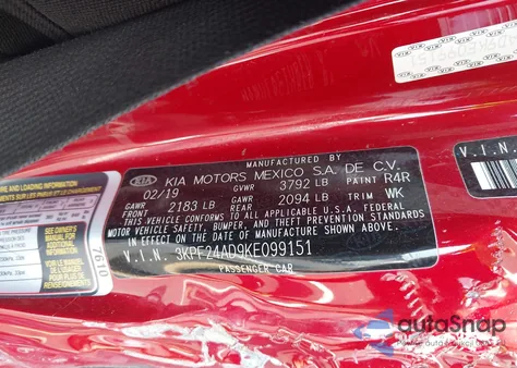 2019 Kia Forte Lxs z USA, uszkodzony, nr VIN 3KPF24AD9KE099151